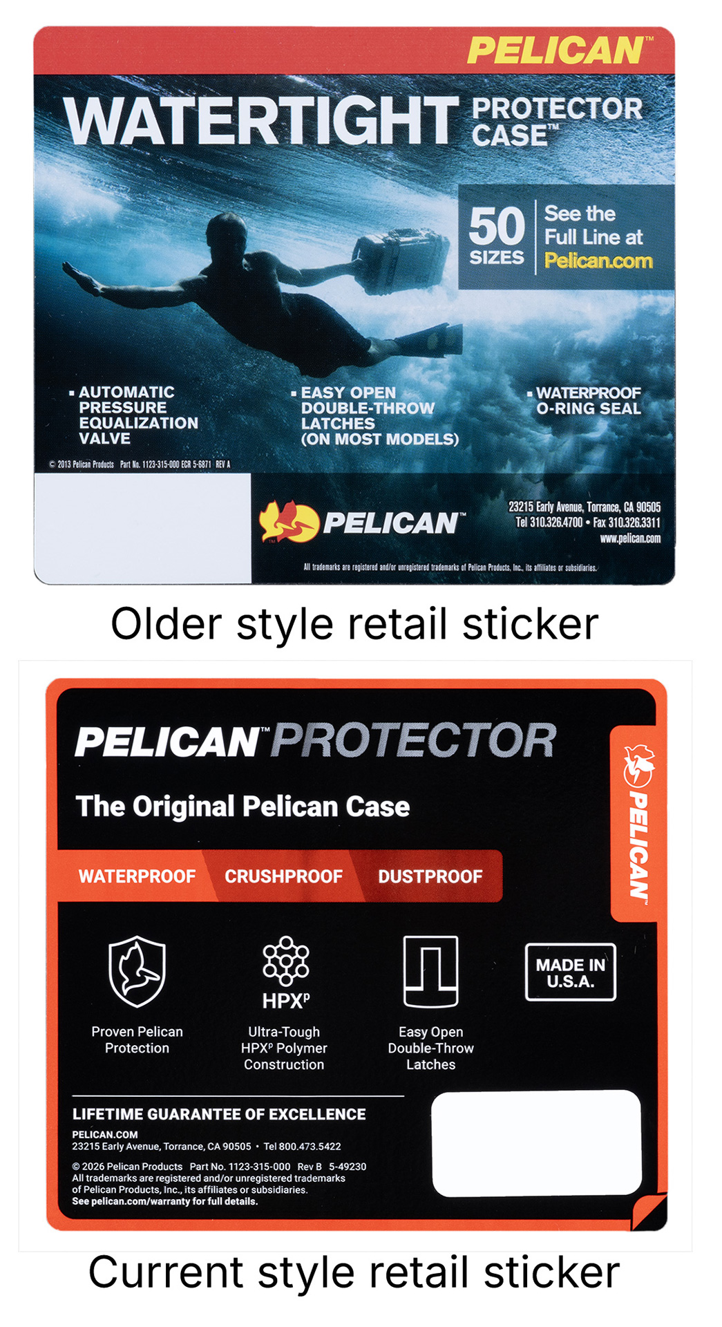 Older and current Pelican Protector case retail sticker styles